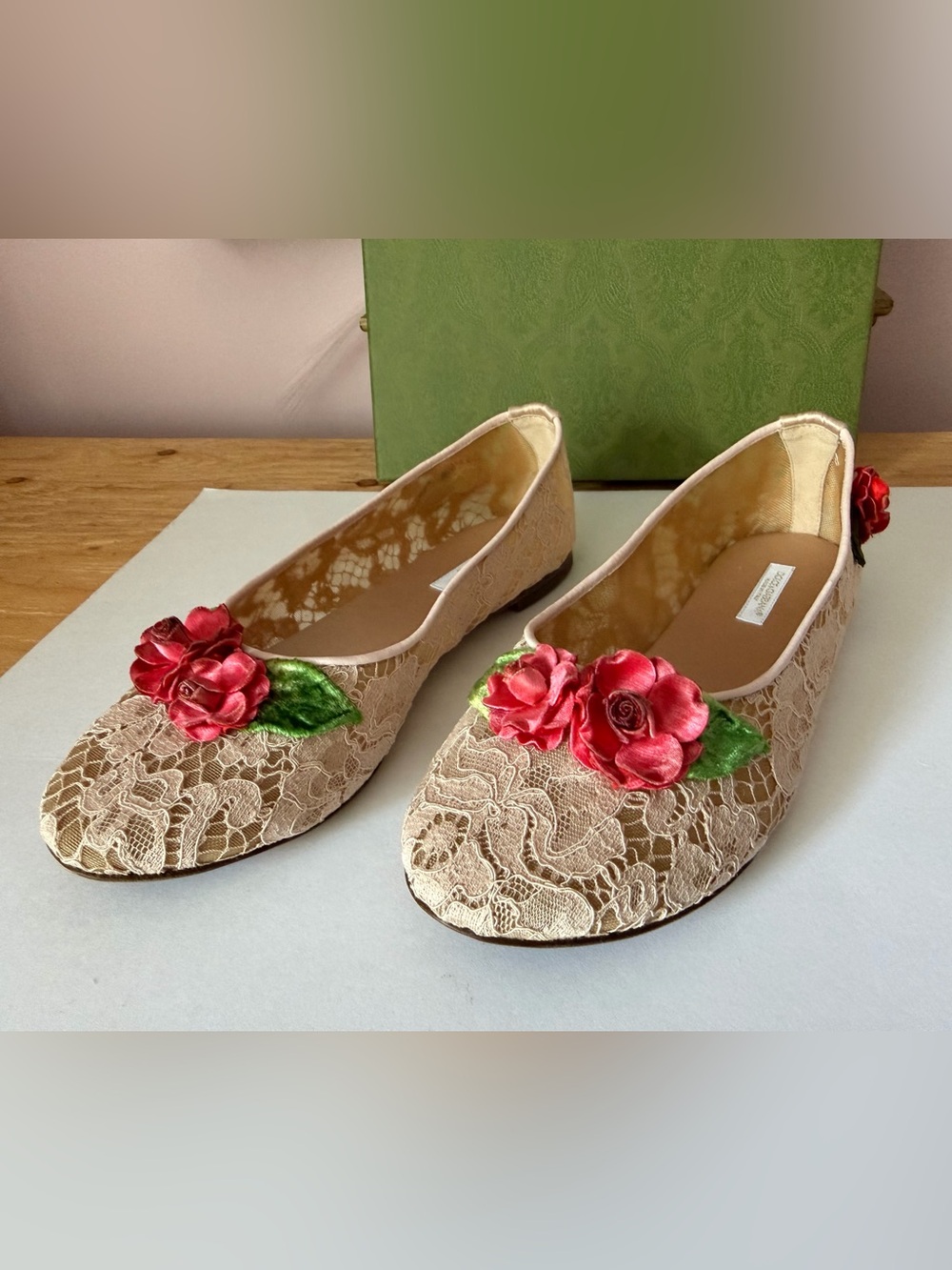 Dolce & Gabbana Beige Lace Ballet Flats with Pink Trim and Red Floral Appliqué - Picture 14 of 17